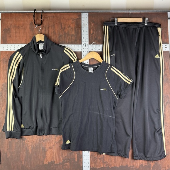 Adidas Adipure Full Zip 3 Stripe Tracksuit + Shirt Black Gold Women L+M 2008 VTG - Picture 1 of 16